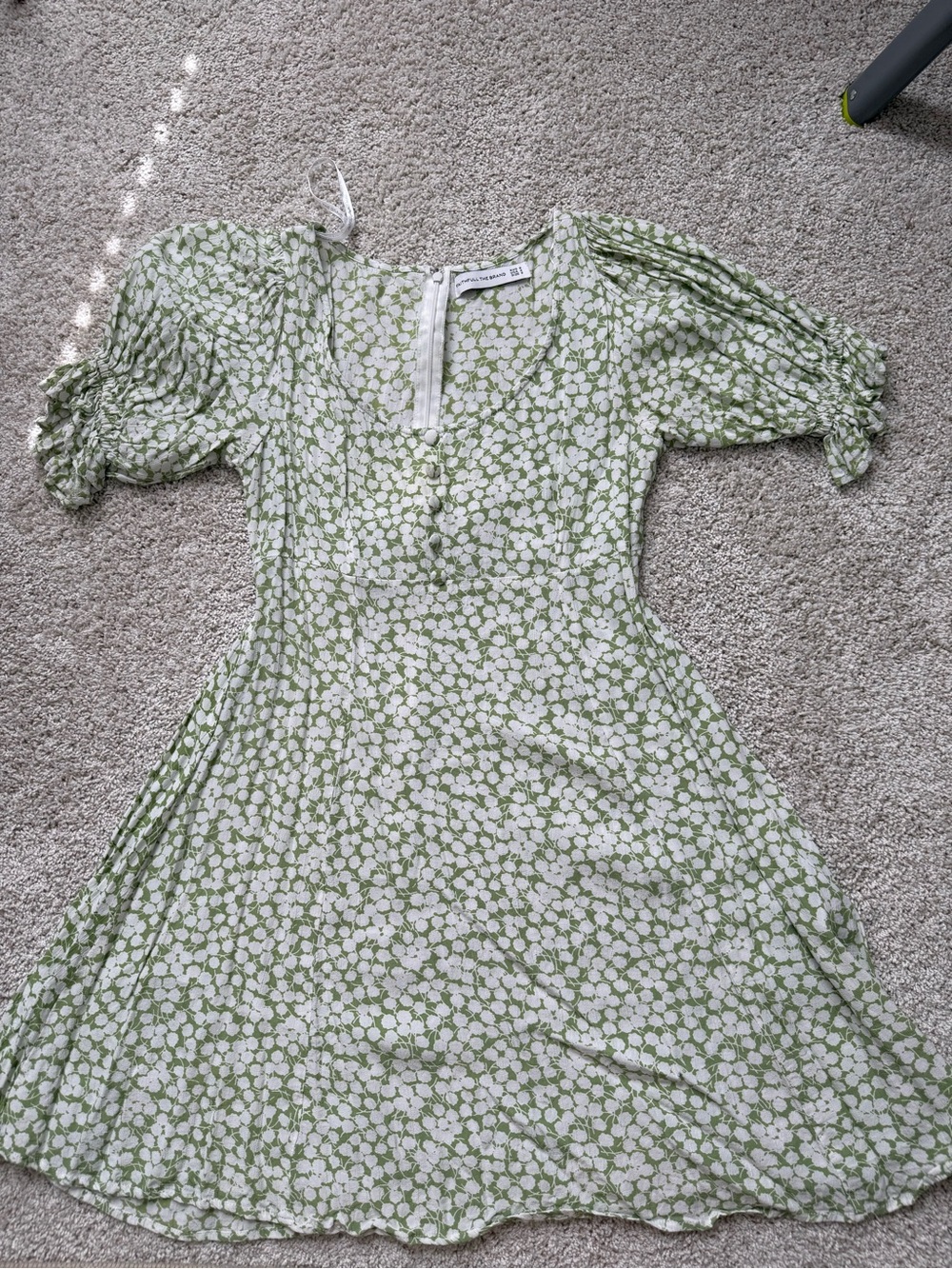 Faithfull The Brand Green White Floral Puff Sleeve Mini Dress